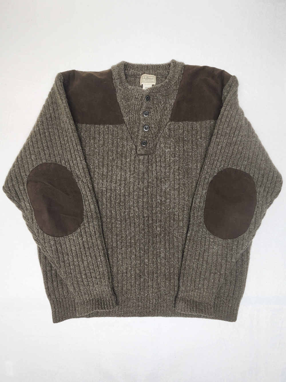 L.L. Bean Men's Olive Brown 100% Wool Commando Henley Sweater Canvas Patches M